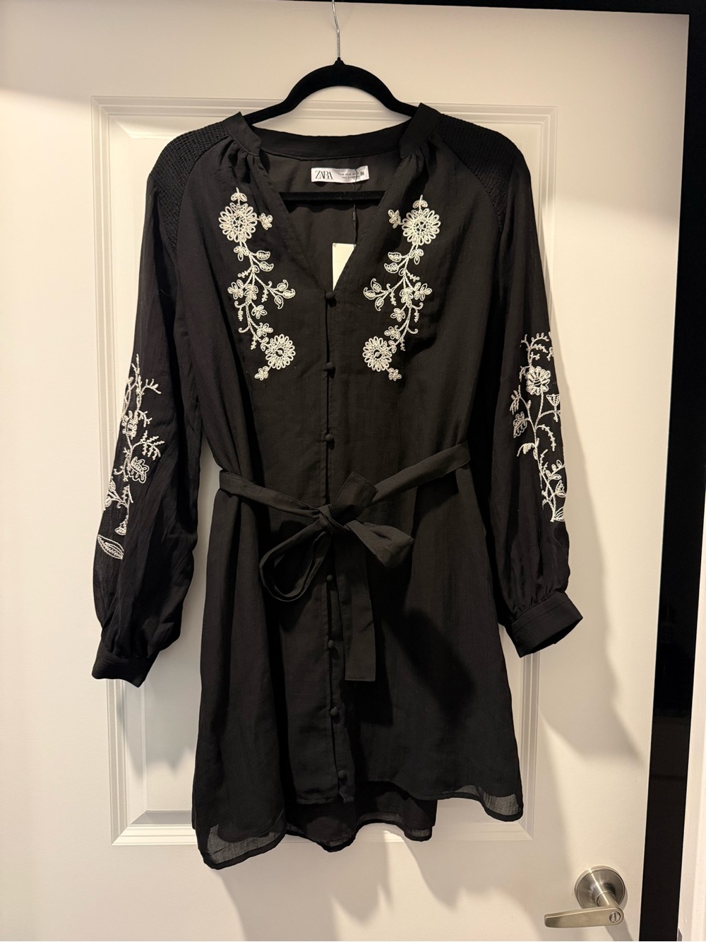 Zara Black Embroidered Tie-Waist Dress